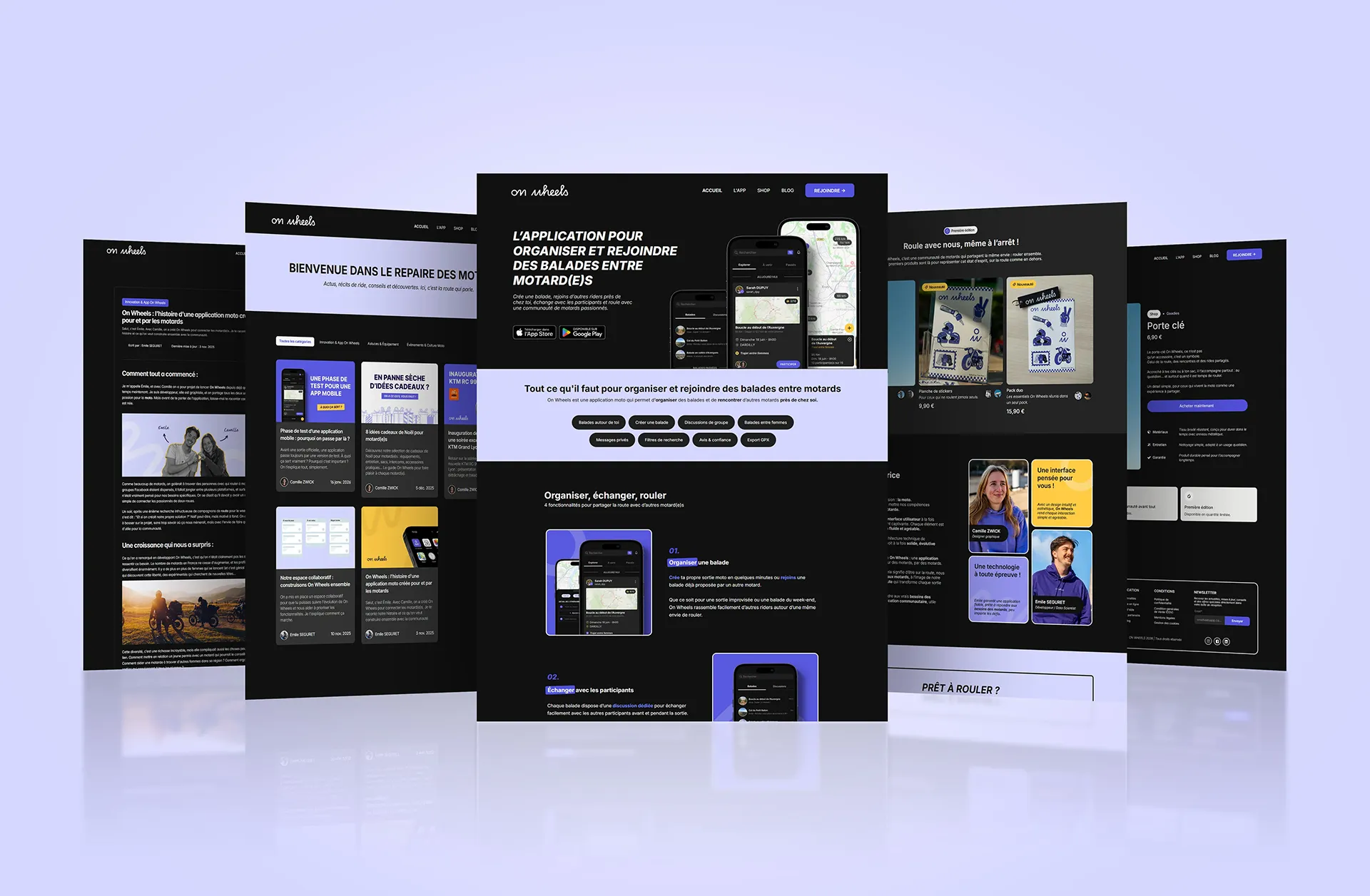 Mockup du site web On Wheels avec pages de présentation de l’application, blog, boutique et interface mobile.